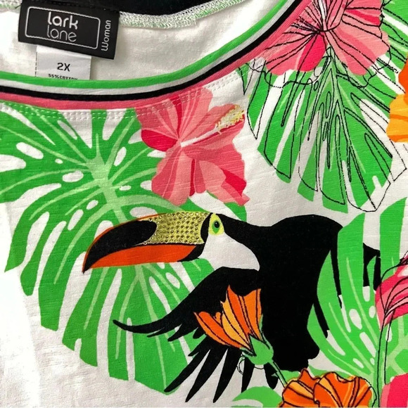 Lark Lane Woman 2X Hawaiian Floral Blouse Top 3/4 Sleeve Cotton Blend Toucan - Picture 6 of 9